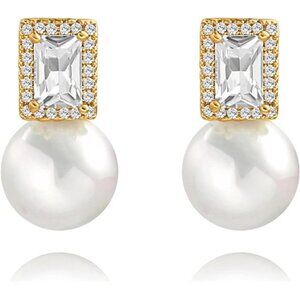 18K Gold-Plated Pearl Drop Earrings – Rectangular Zircon Halo Design, Elegant